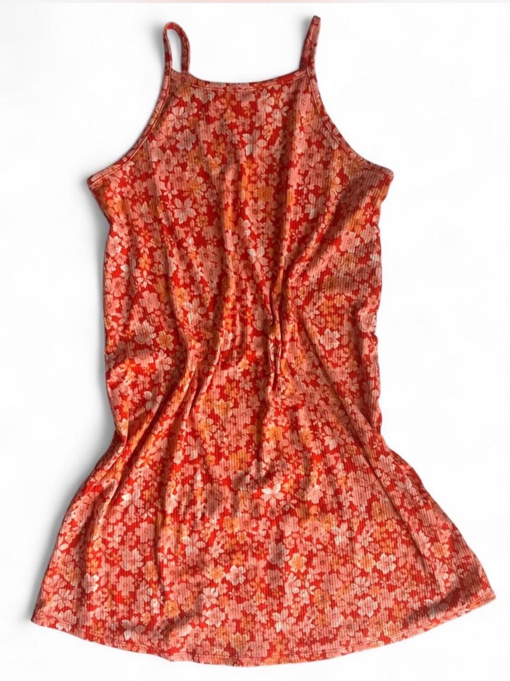 Pink Rose Floral Print Ribbed Cami Sun Dress in Orange Size Medium